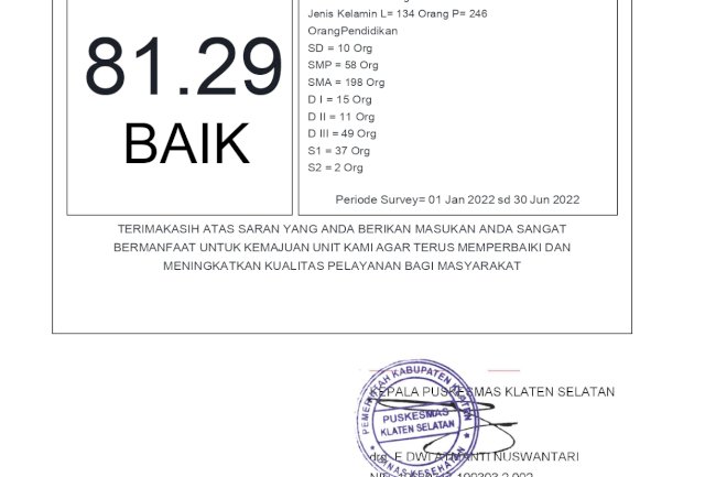 INDEKS KEPUASAN MASYARAKAT PERIODE SEMESTER I TAHUN 2022 PUSKESMAS KLATEN SELATAN