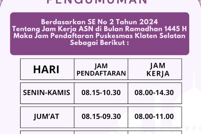 JADWAL PELAYANAN PUSKESMAS KLATEN SELATAN SELAMA BULAN RAMADHAN 1445 H
